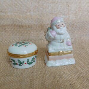 Lenox Holly & Santas Treasures lot of 2 Trinket Christmas Treasure Boxes Hinge